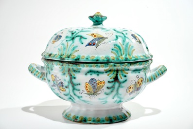 A polychrome Brussels faience tureen and cover with butterflies and caterpillars, 18/19th C.